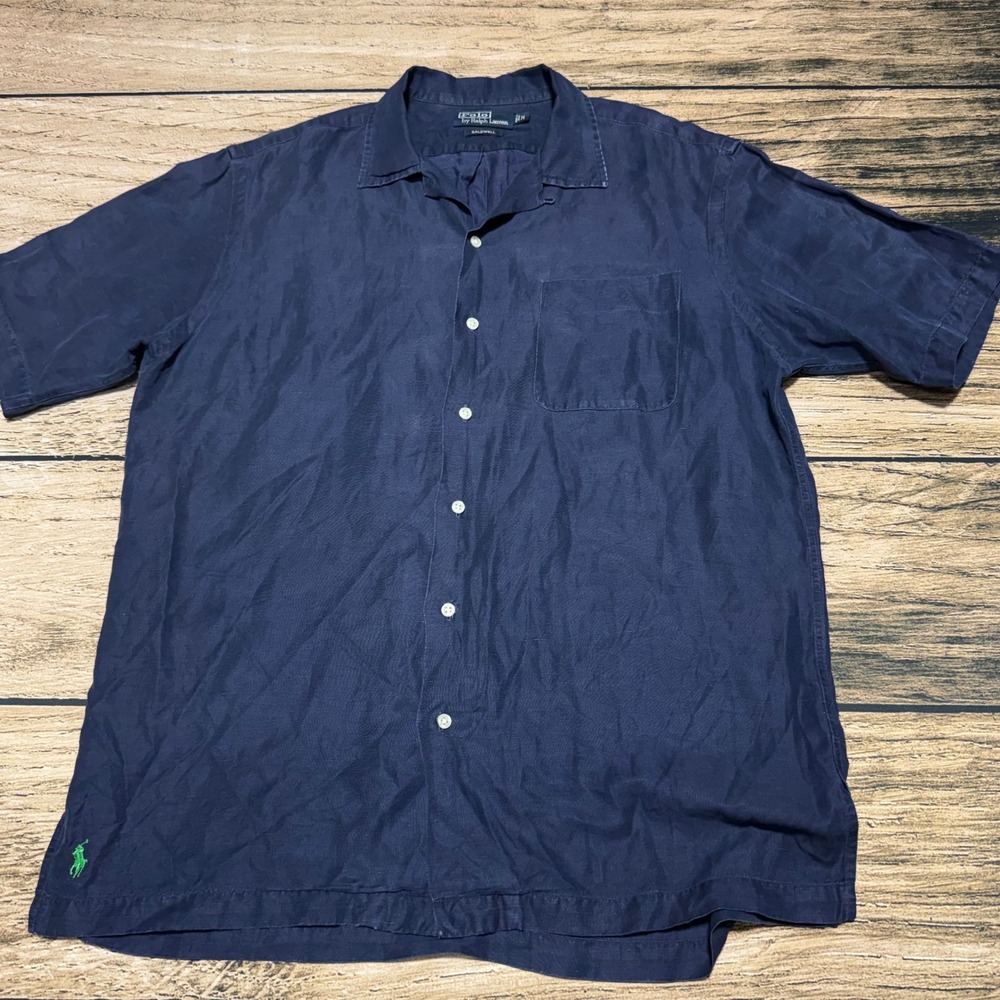 Polo Ralph Lauren Caldwell Shirt Mens Medium Navy Blue Linen Silk Loop Collar
